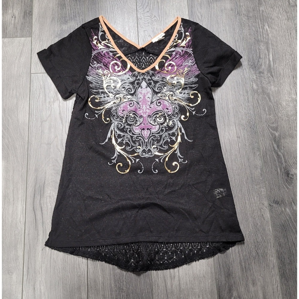 Tru Self Women's Black Mesh Back Tru Self Short Sleeve T-shirt Size Small